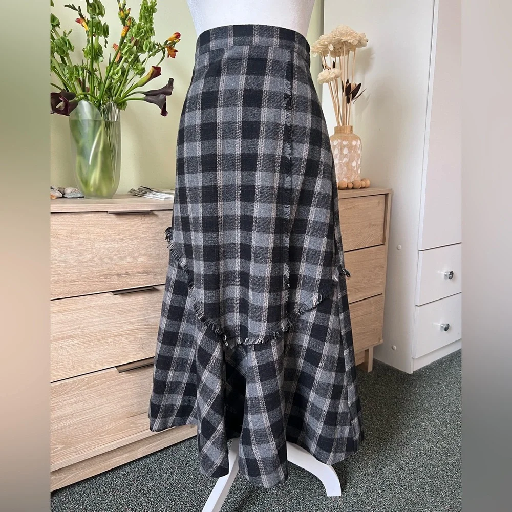 Plaid Check Ruffle Asymmetrical Midi Knee-Length High-Waist Modest Fringe Skirt - Picture 6 of 16